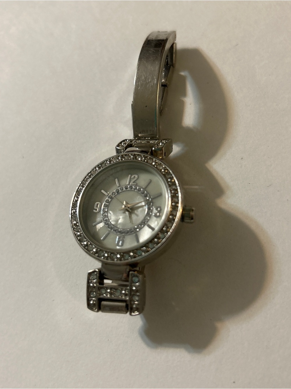 Vintage Silver Rhinestone Bangle Watch Mother of Pearl Face